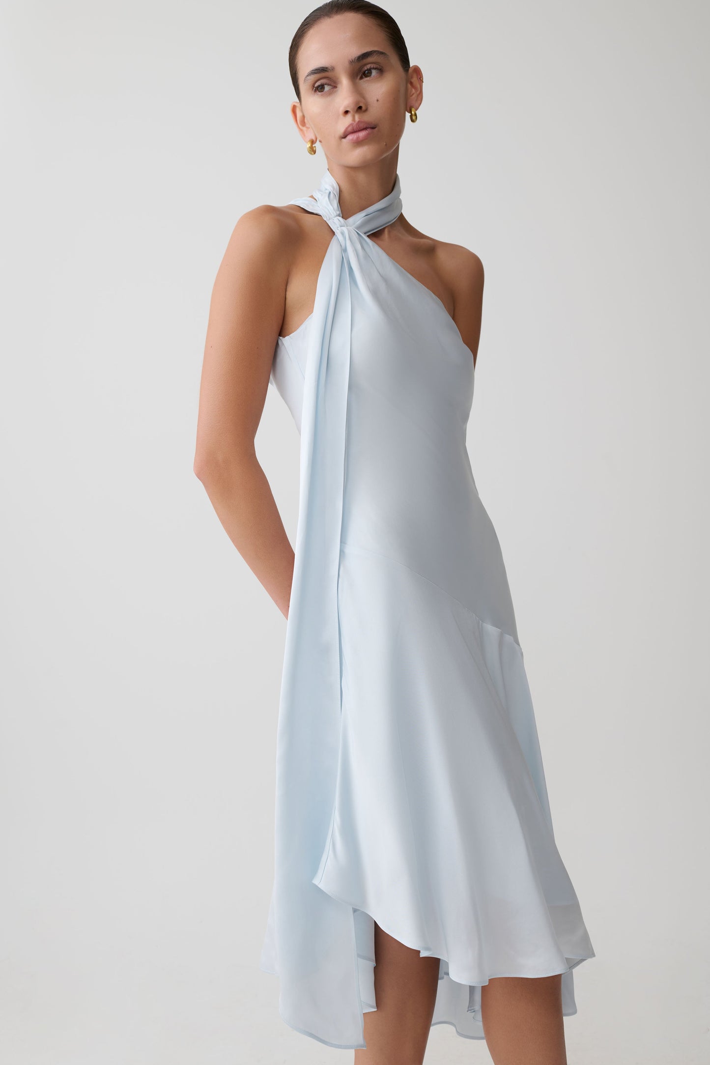 Evelina Halter Asymmetric Hem Midi Dress - Ice Blue