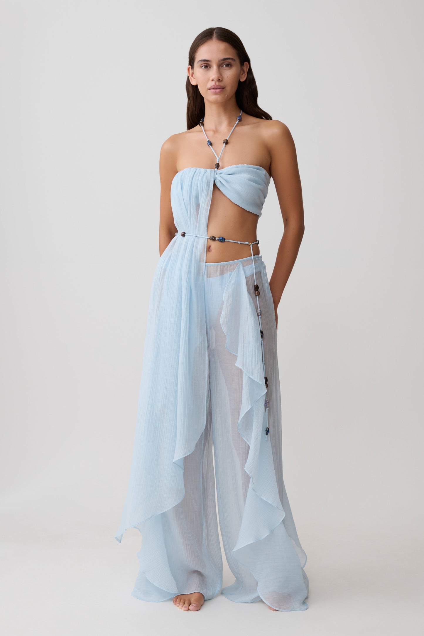Kai Beaded Draped Scarf Top - Pale Blue