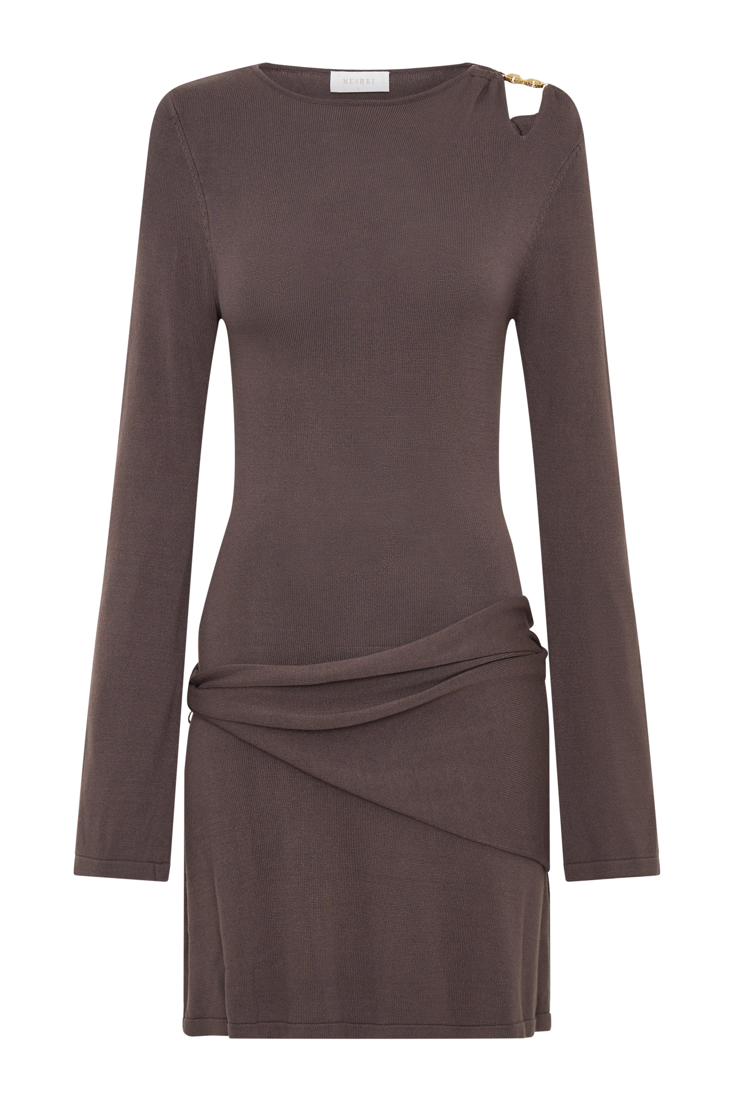 Cresida Knit Long Sleeve Mini Dress With Hardware - Peppercorn