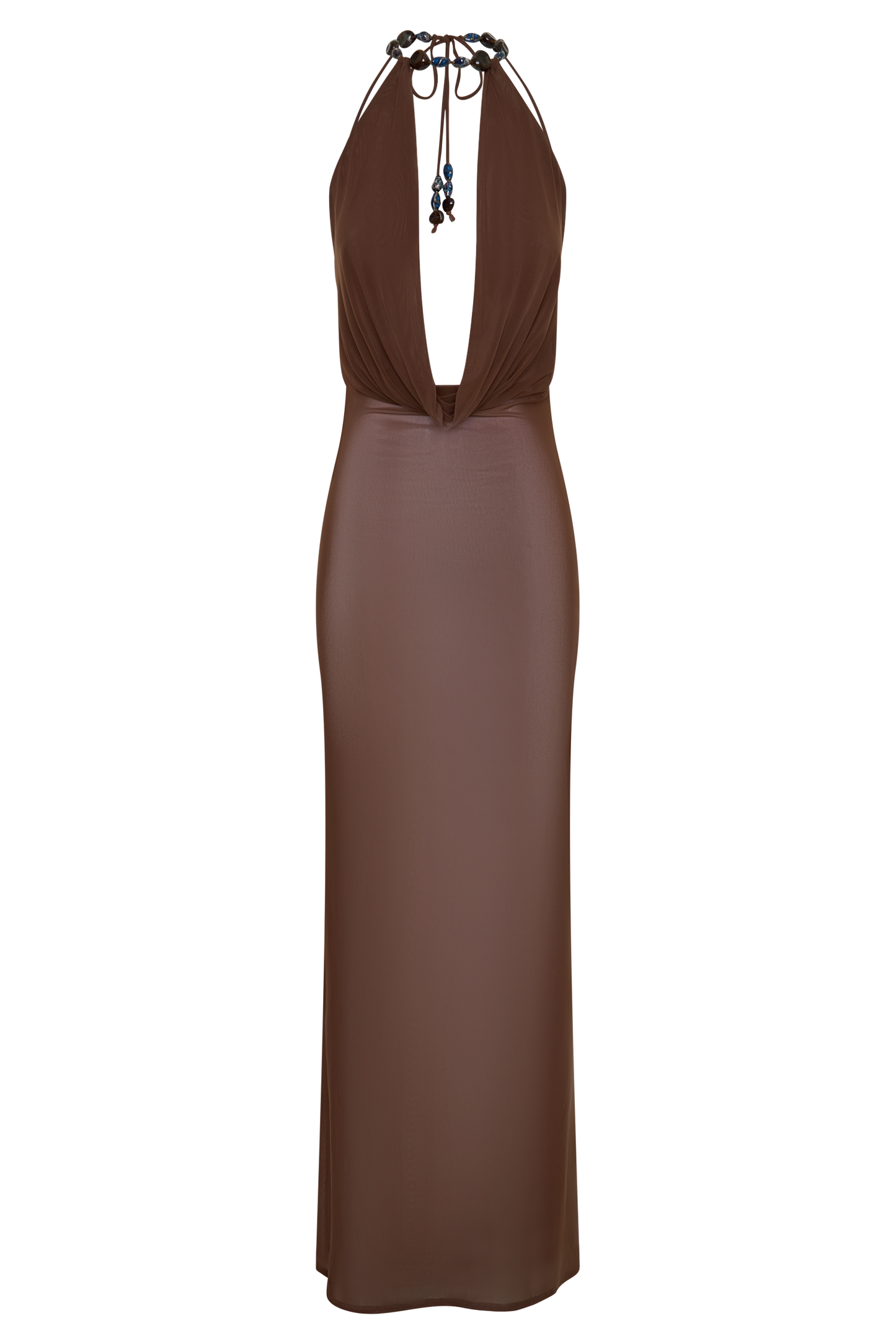 Ethal Mesh Cowl Neck Beaded Maxi Dress - Chocolate
