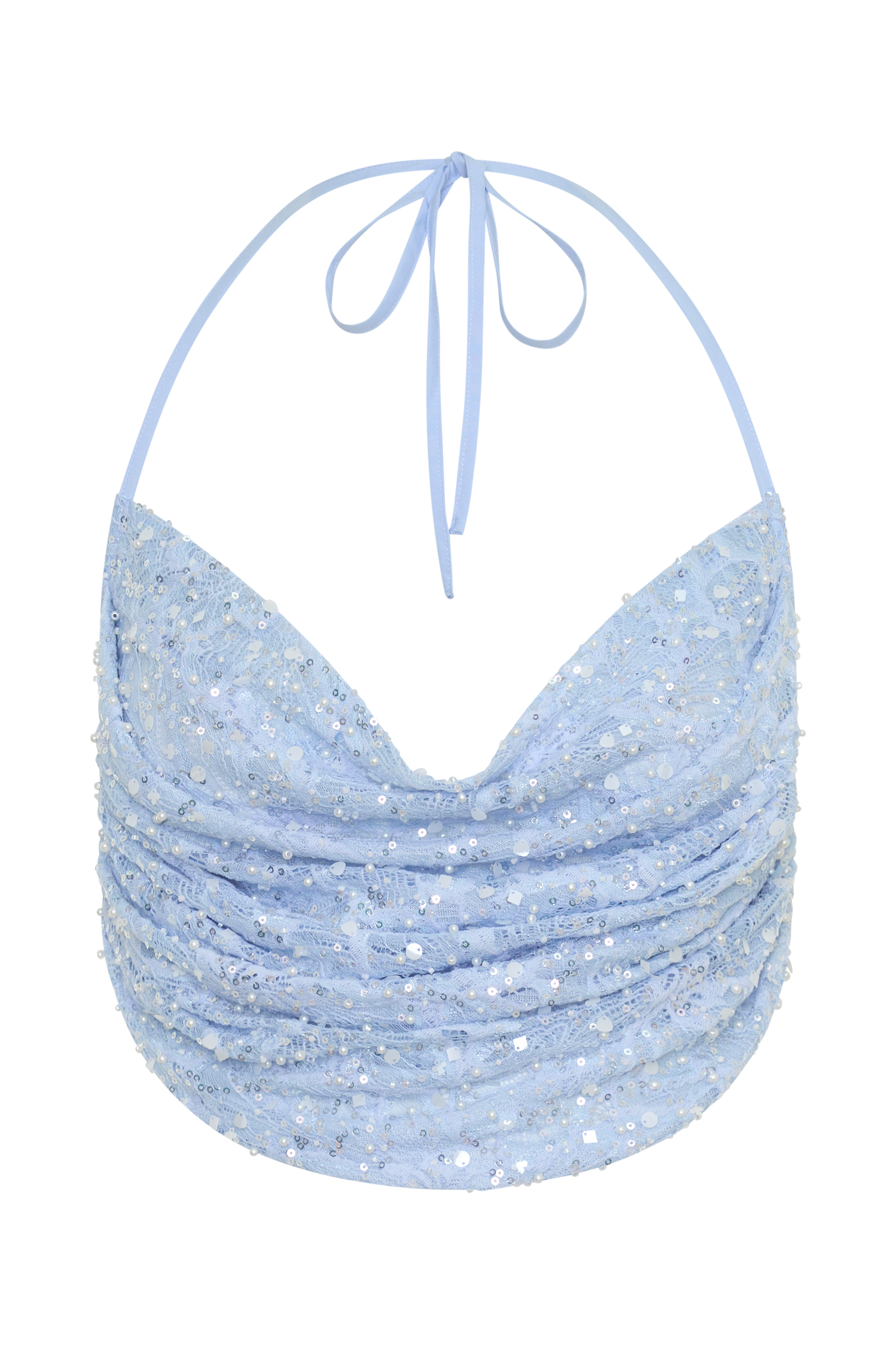 Kiara Pearl Beaded Cowl Crop Top - Powder Blue
