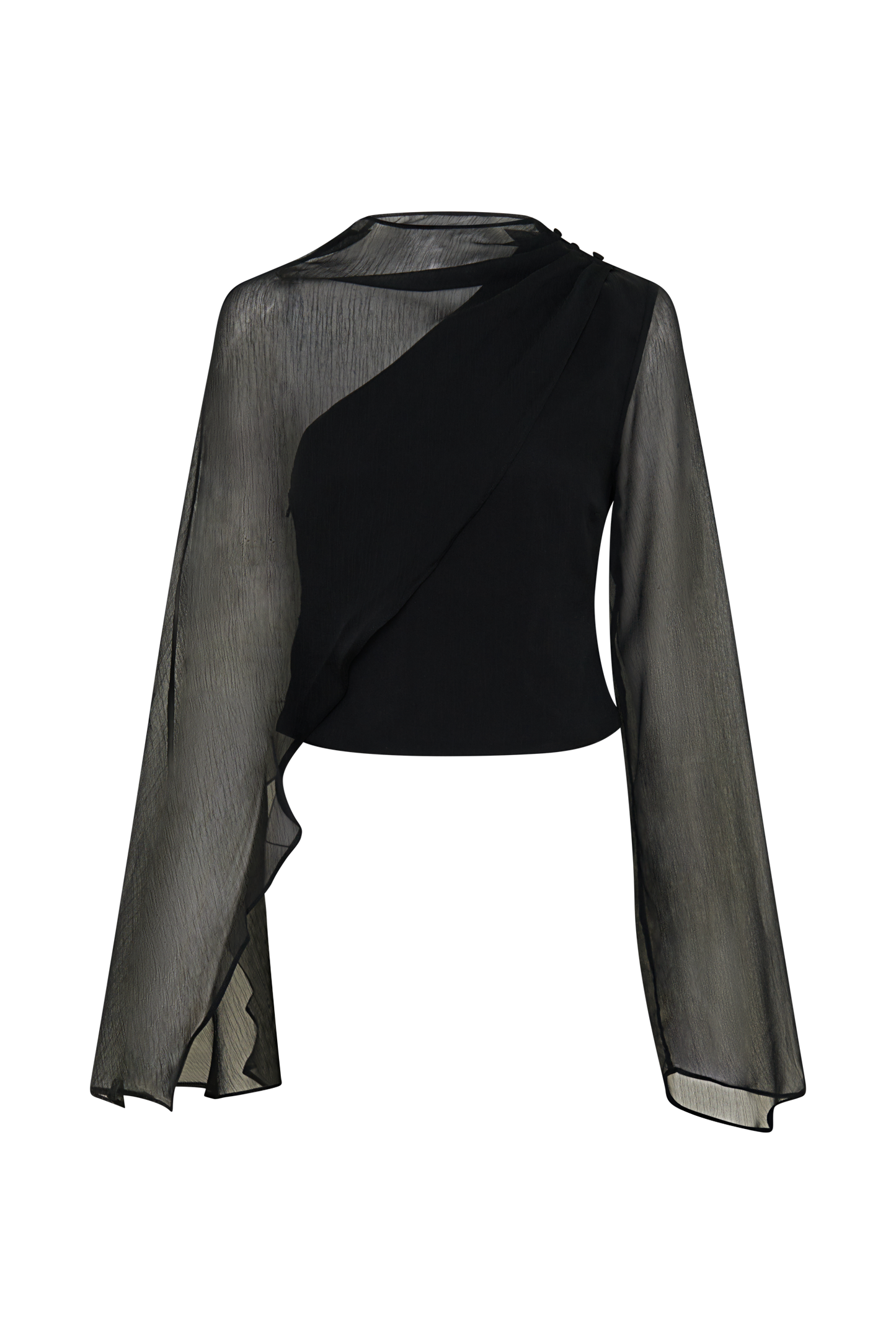Ida Sheer Asymmetrical Long Sleeve Cape - Black