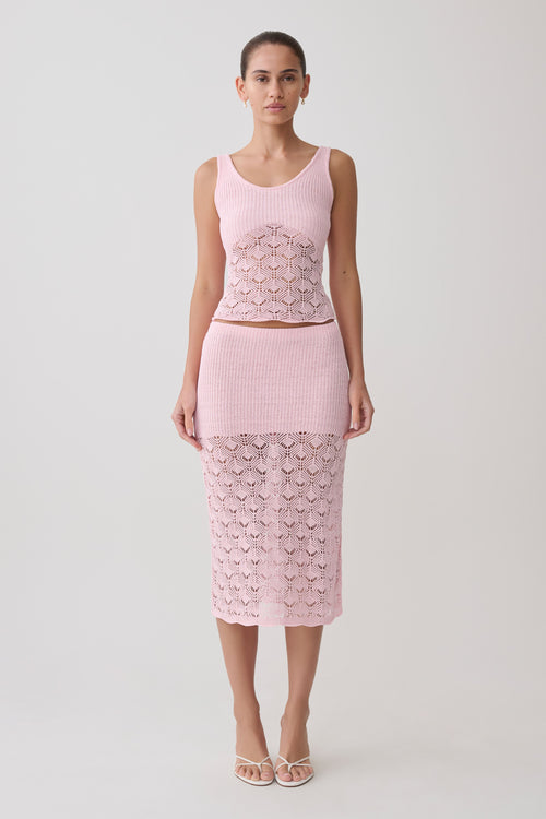 Atlantis Crochet Knit Midi Skirt - Baby Pink