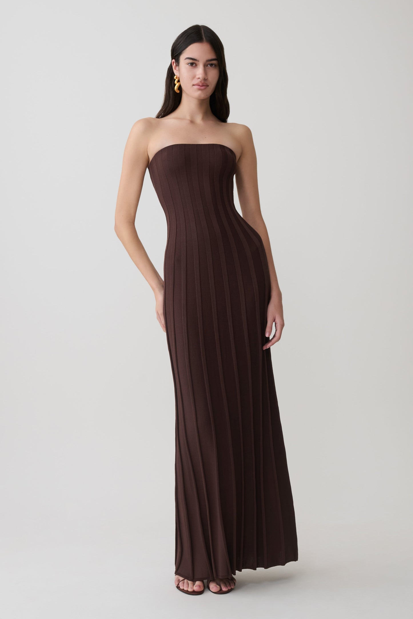 Pia Ribbed Strapless Maxi Dress - Chocolate