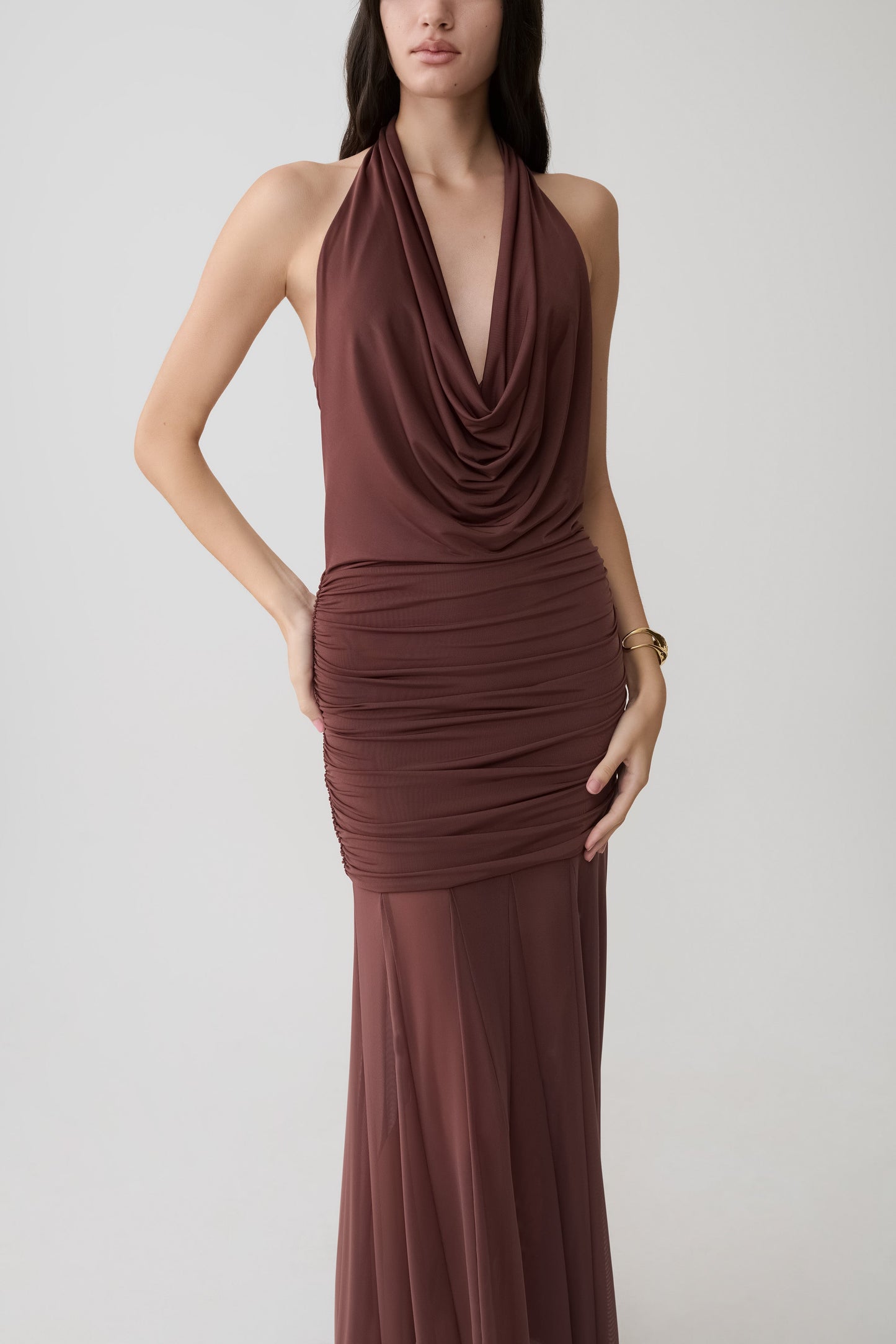 Jorja Draped Halter Slinky Maxi Dress - Chocolate