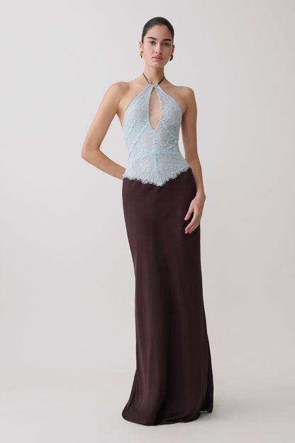 Sascha Lace And Satin Halter Maxi Dress - Ice Blue/Chocolate