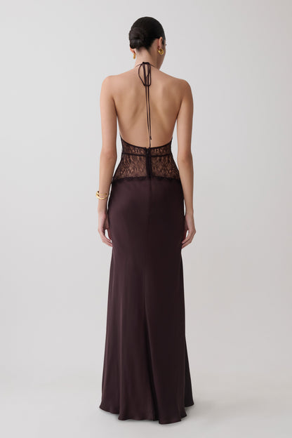 Dinah Lace And Satin Maxi Dress - Chocolate