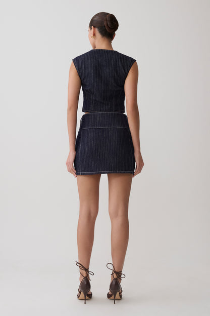 Loraine Mid Rise Denim Mini Skirt - Indigo Pinstripe