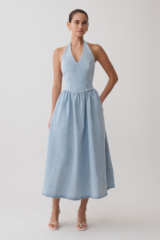Miller Denim Halter Midi Dress - Classic Blue