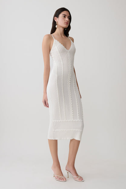 Cooper Scalloped Neckline Pointelle Midi Dress - White