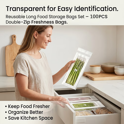 🥬 50/100PCS Reusable Long Food Storage Bags, Double-Zip Seal Freshness Bags for Kitchen