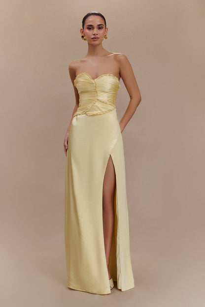 Larissa Satin Maxi Dress With Ruched Petals - Lemon