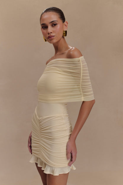 Caspian Slinky And Mesh Off Shoulder Mini Dress - Ivory