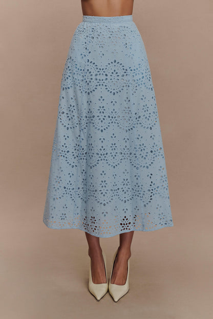 Arla Broderie Midi Skirt - Pale Cornflower Blue