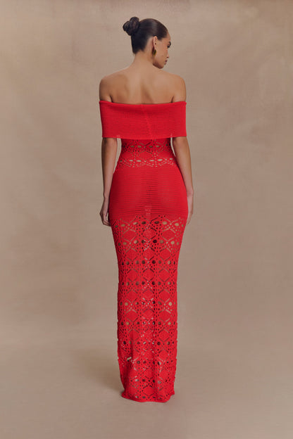 Solstice Off Shoulder Crochet Knit Maxi Dress - Blood Orange