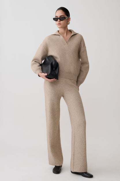 Evan Knit Wide Leg Pants - Beige Marle