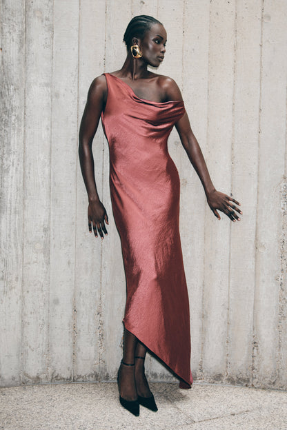 Yvette Slip Maxi Dress With Asymmetrical Hem - Brown Cherry