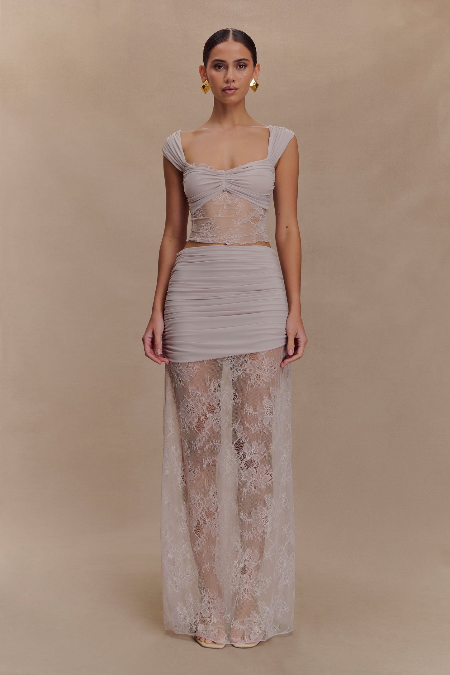Guinevere Lace And Mesh Maxi Skirt - Lilac