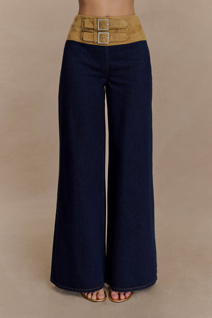 Miranda Faux Suede Belted Denim Wide Leg Jeans - Indigo Blue