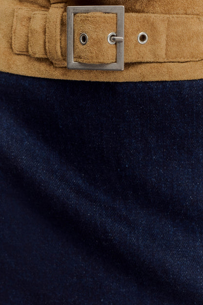 Miranda Faux Suede Belted Denim Mini Skirt - Indigo Blue