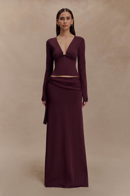 Miraby Front Ruched Knit Long Sleeve Top - Dark Chocolate