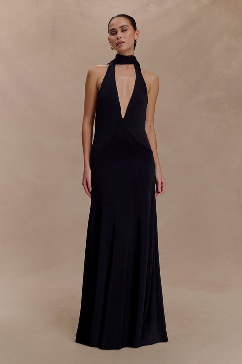 Juliet Slinky Maxi Dress With Scarf - Black