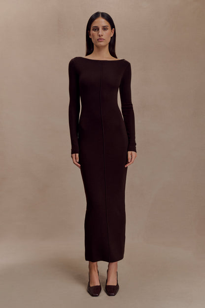 Cleona Merino Wool Ribbed Long Sleeve Maxi Dress - Deep Chocolate