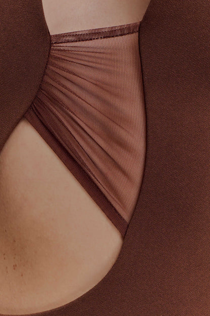 Aubree Crepe And Mesh Maxi Dress - Chocolate/Mocha