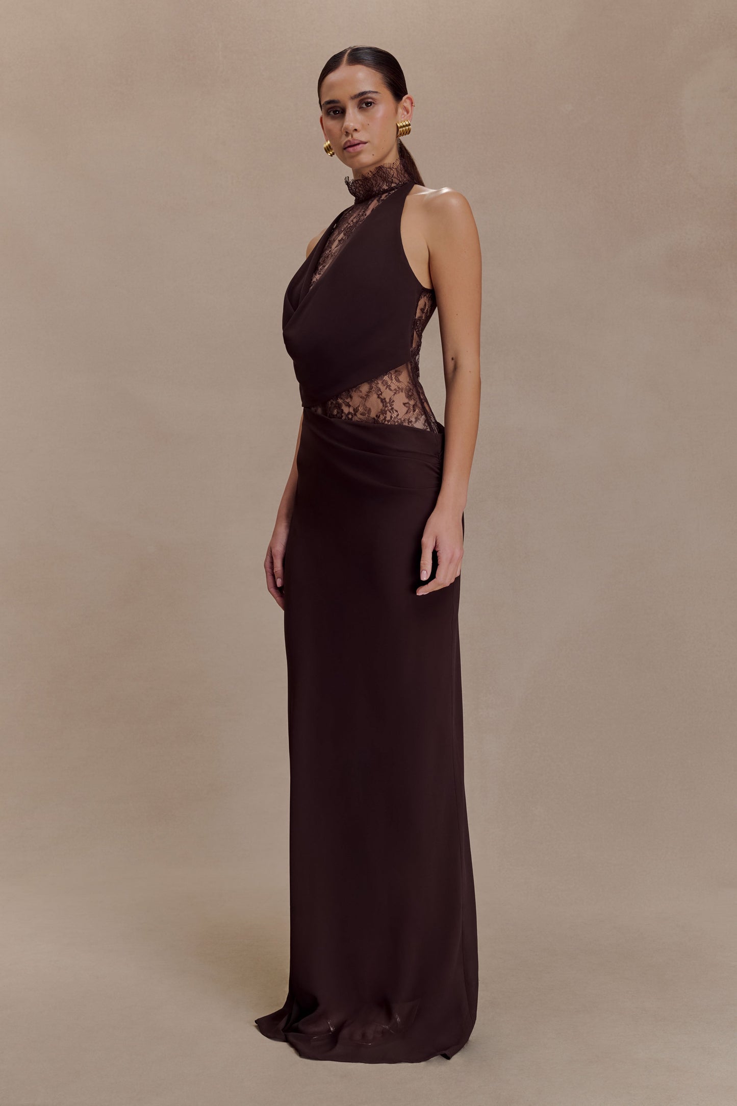 Arra Chiffon And Lace Halter Maxi Dress - Cacao Brown
