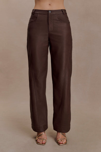 Theo Faux Leather Mid Rise Pants - Dark Chocolate