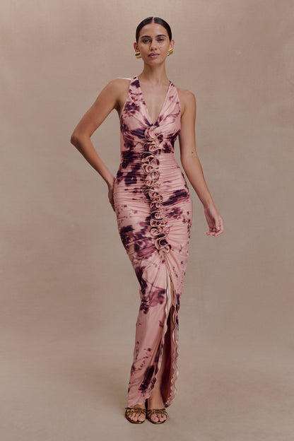 Alessandra Slinky Ruffle Maxi Dress - Pink Blurred Floral Print