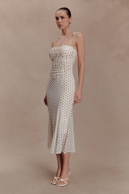 Willa Gathered Mesh Midi Dress - Polka Dot