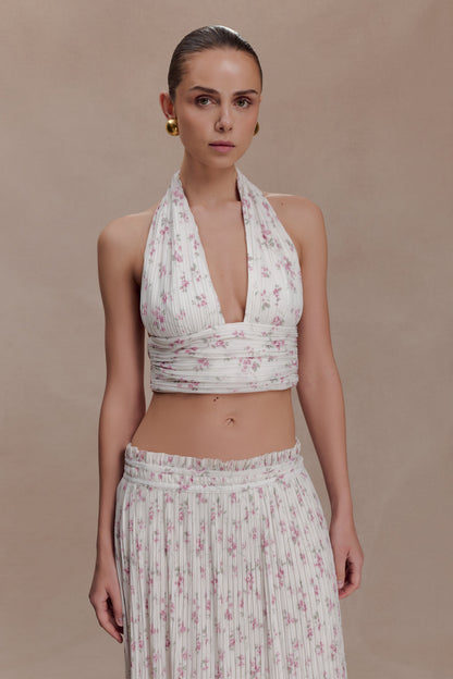 Amaris Sleeveless Plisse Halter Top - Floral Ditsy Print