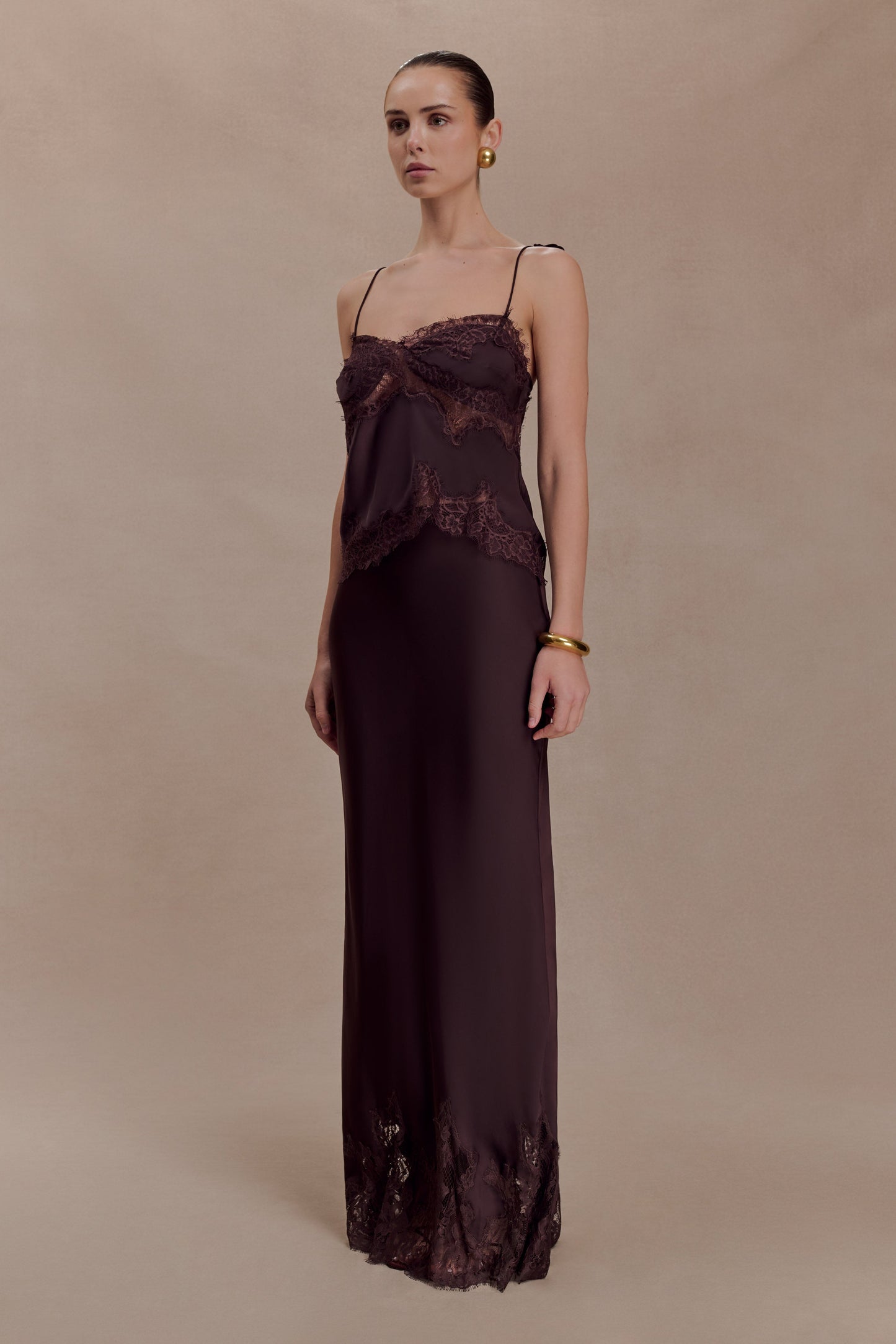 Nina Satin And Lace Maxi Skirt - Chocolate