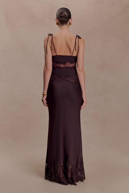 Nina Satin And Lace Maxi Skirt - Chocolate