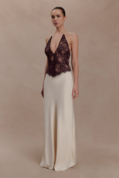 Sascha Lace And Satin Halter Maxi Dress - Ivory/Chocolate