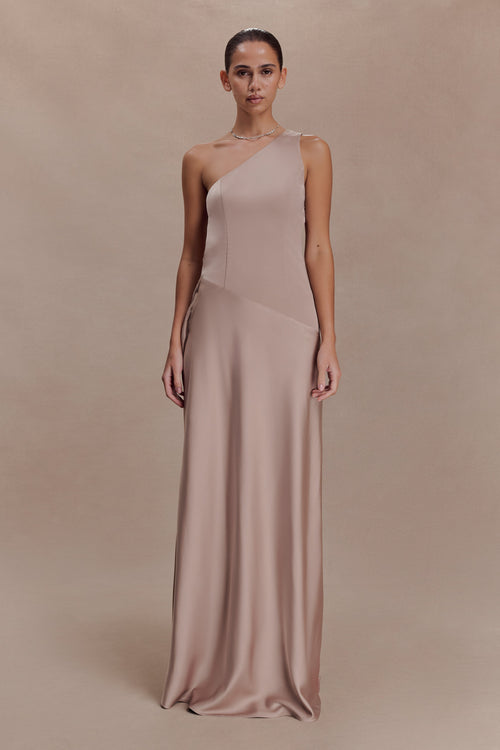 Lyla Asymmetrical Satin Maxi Dress - Bronze Taupe