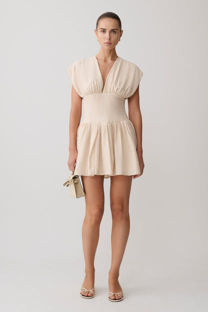 Arabella Cinched Waist Linen Mini Dress - Natural