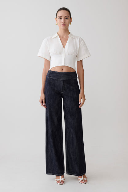Sienna Flare Mid Rise Denim Jeans - Indigo Pinstripe