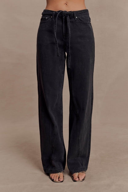 Perrie Mid Rise Straight Leg Tie Jeans - Washed Black