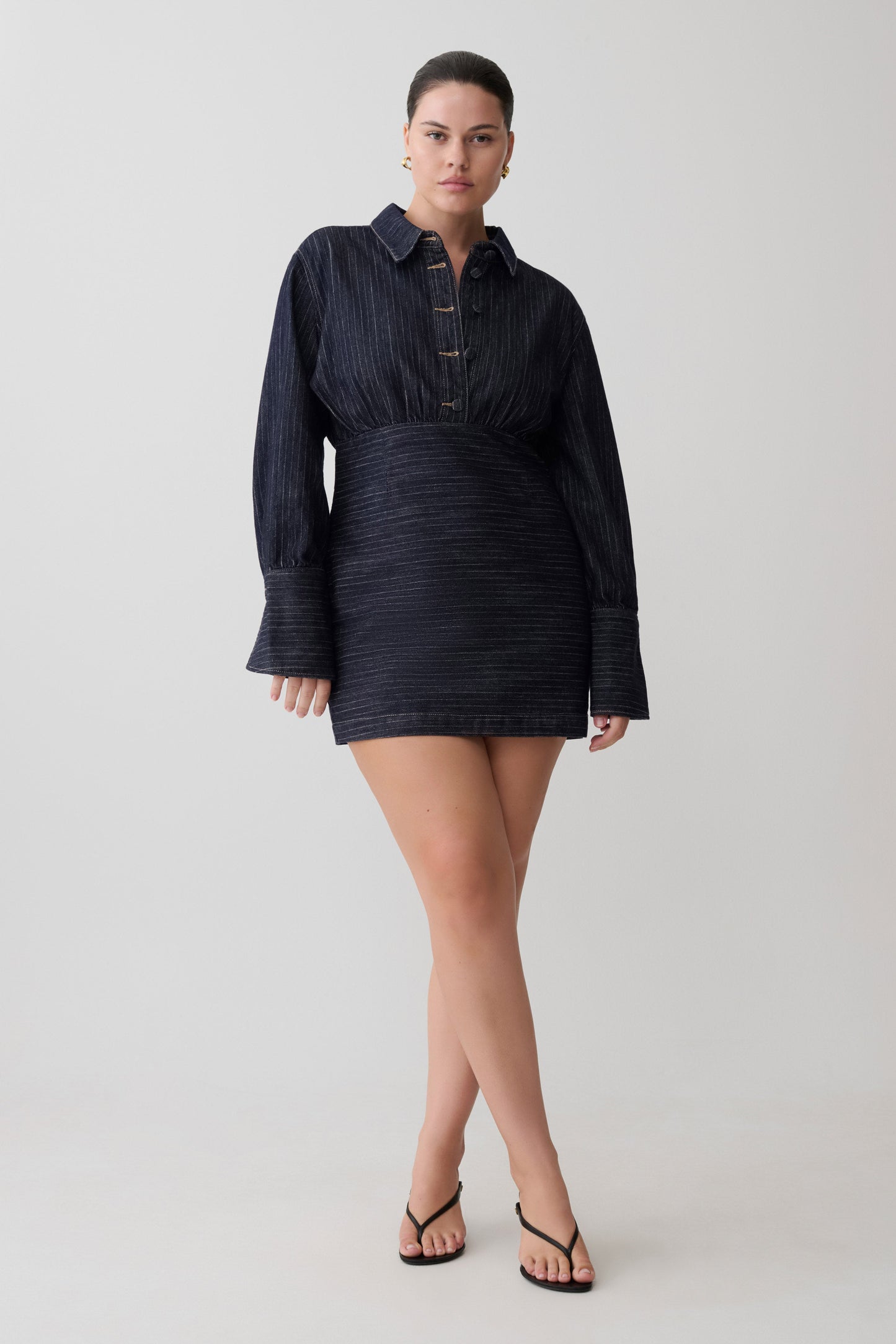 Zarah Denim Long Sleeve Mini Dress - Indigo Pinstripe