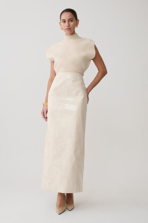 Thalia Croc Faux Leather Midi Skirt - Ivory