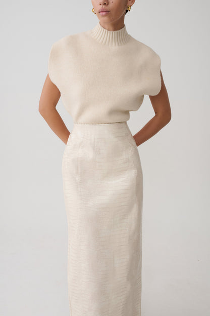 Thalia Croc Faux Leather Midi Skirt - Ivory