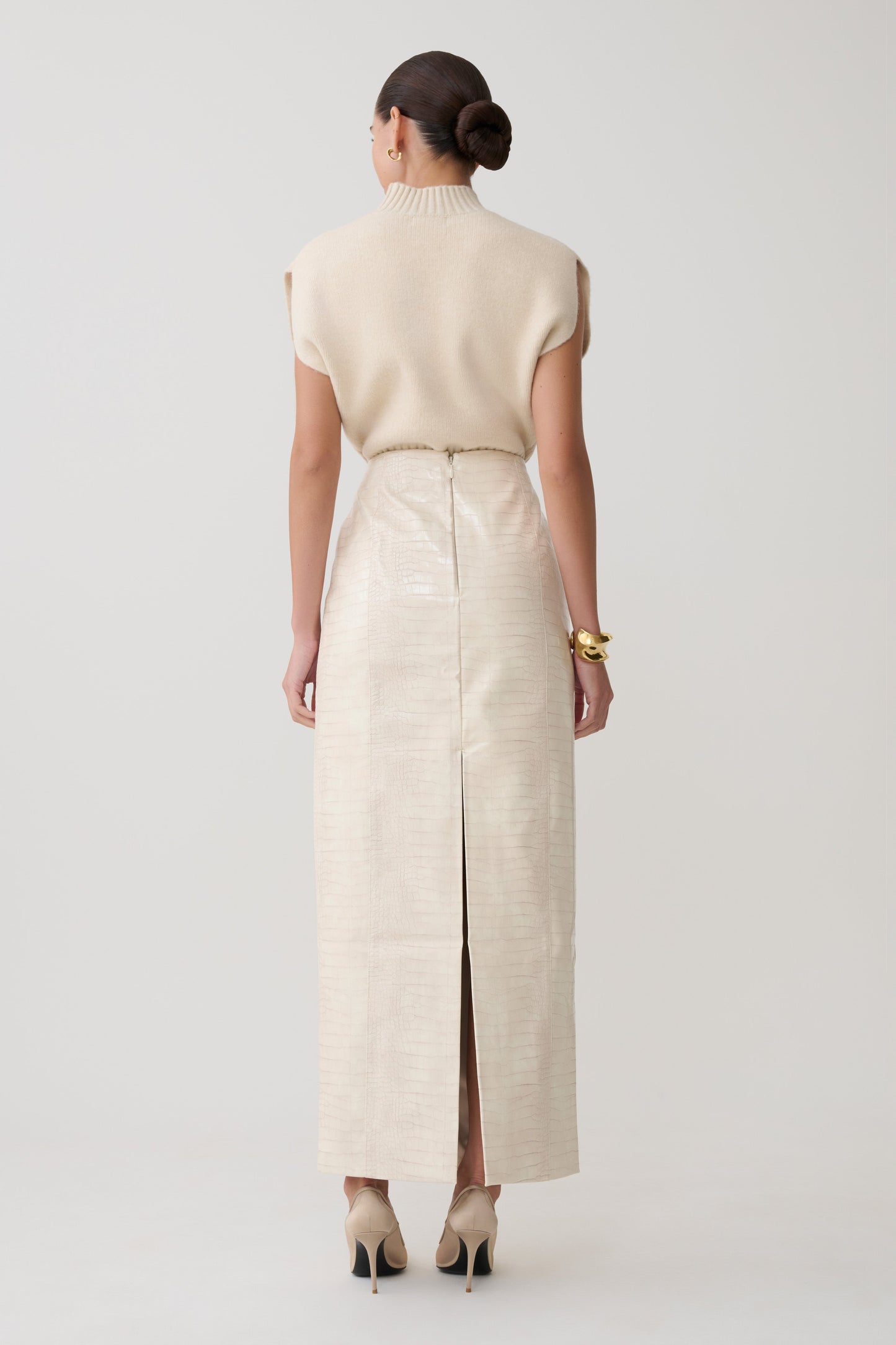 Thalia Croc Faux Leather Midi Skirt - Ivory