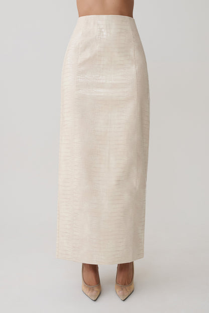 Thalia Croc Faux Leather Midi Skirt - Ivory