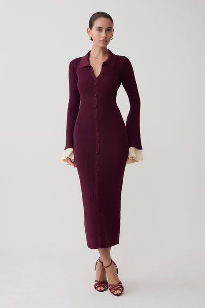 Amirose Ruffle Knit Midi Dress - Plum