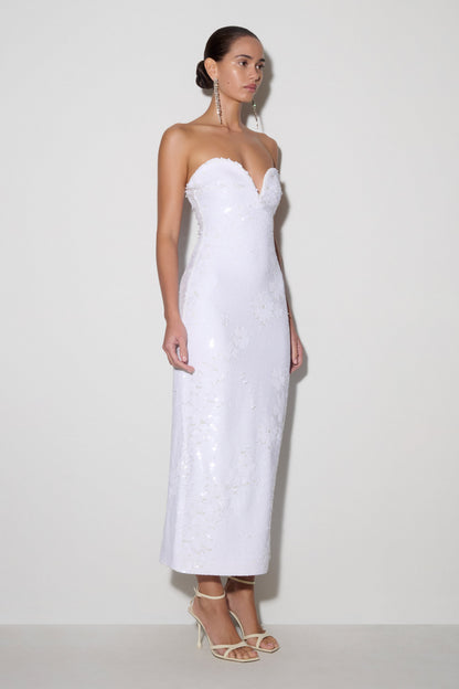 Maisie Strapless Sequin Midi Dress - White