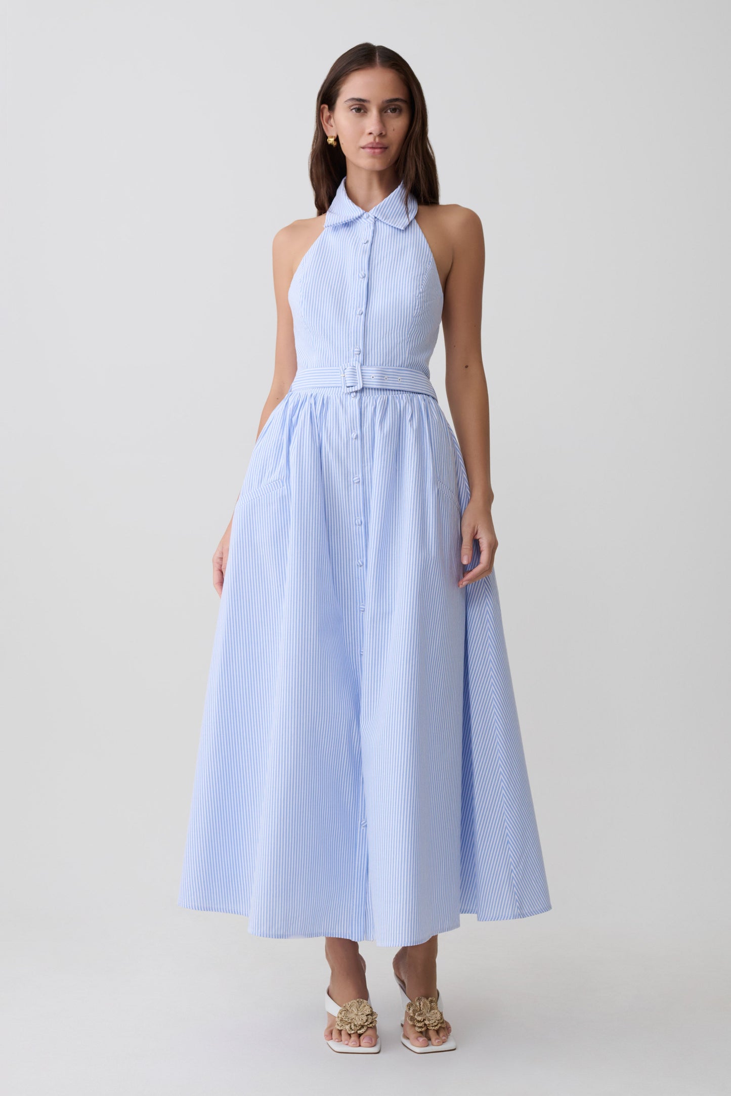 Cindy Collared Midi Dress - Blue Pinstripe
