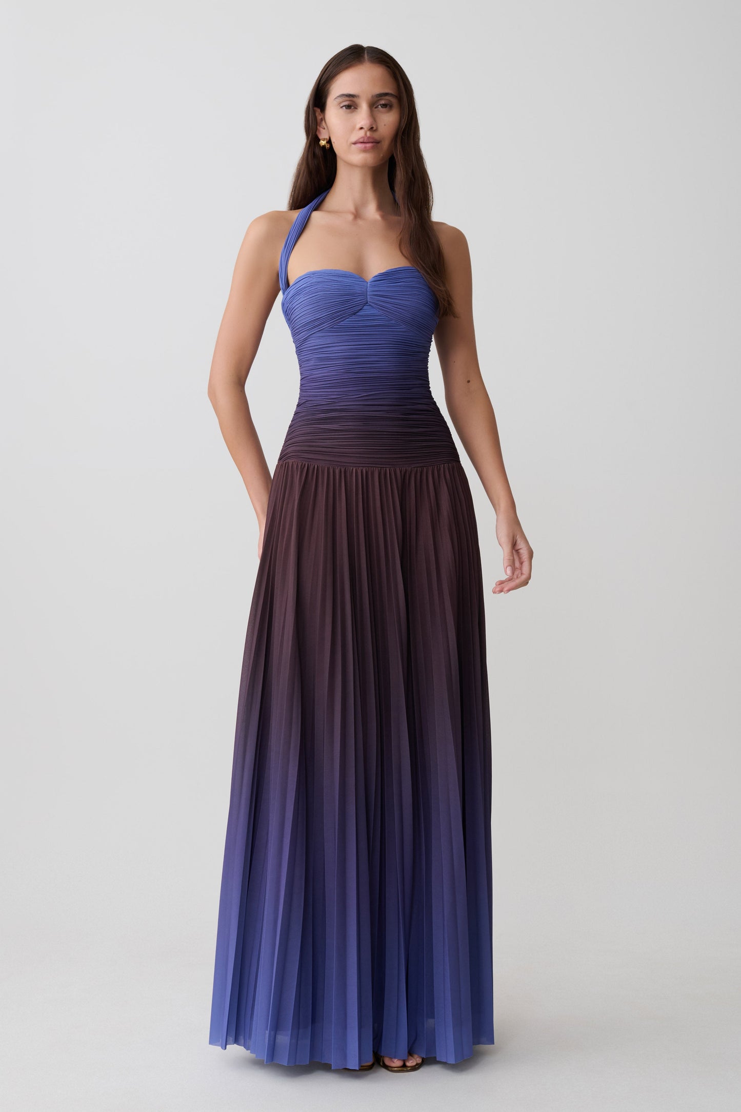 Azizi Pleated Halter Midi Dress - Chocolate & Blue Ombre Print