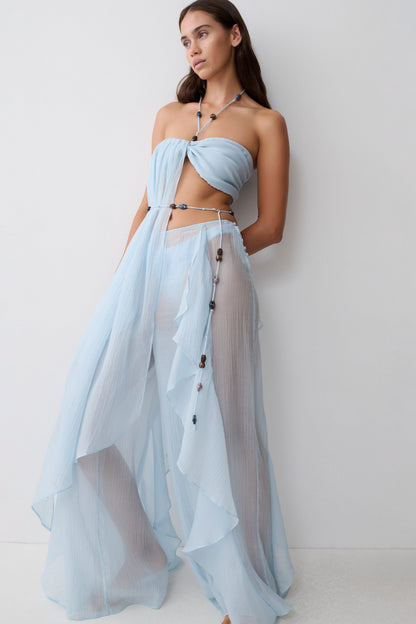Kai Beaded Draped Scarf Top - Pale Blue